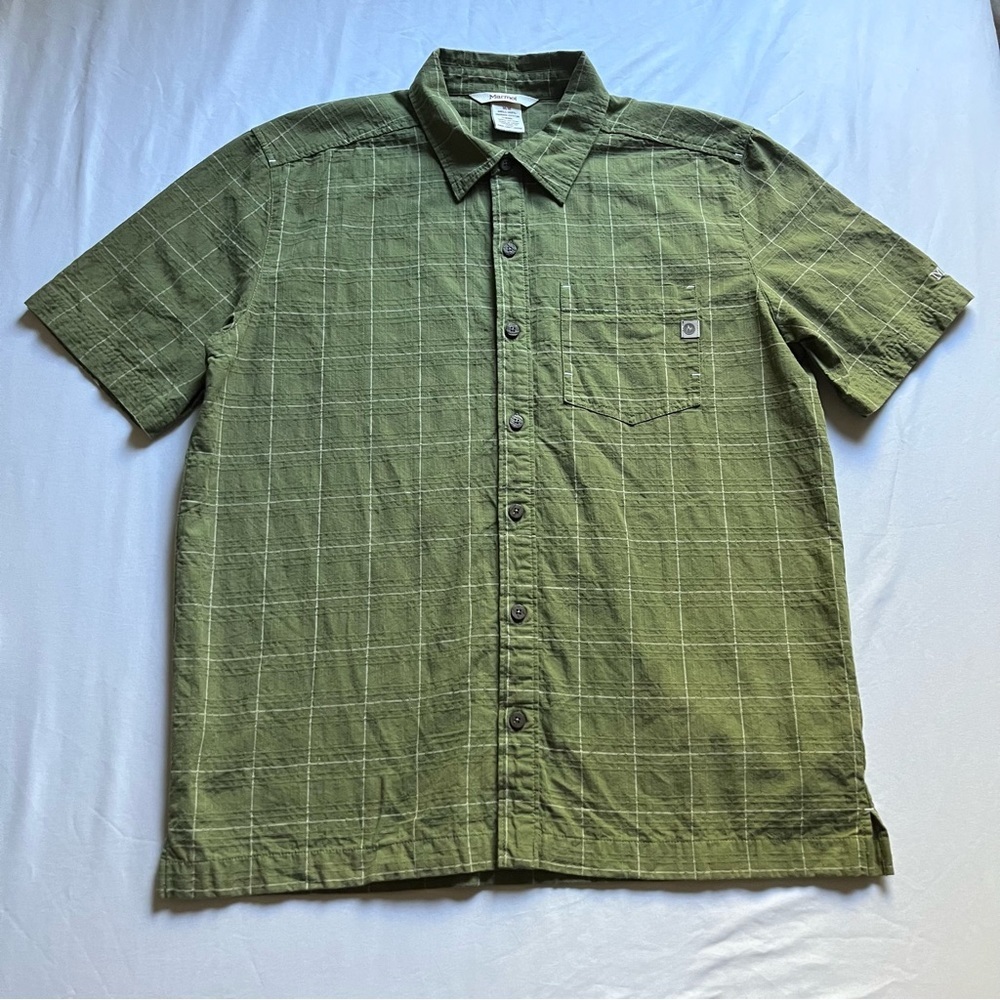 MARMOT green plaid windowpane logo embroidered short sleeve button up shirt